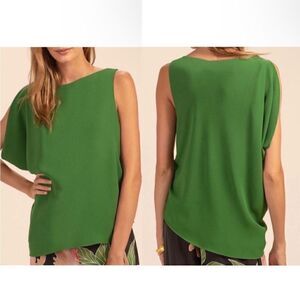 Trina Turk NWT Sunset Sleeveless Asymmetric Boatneck Gathered Green Top XL